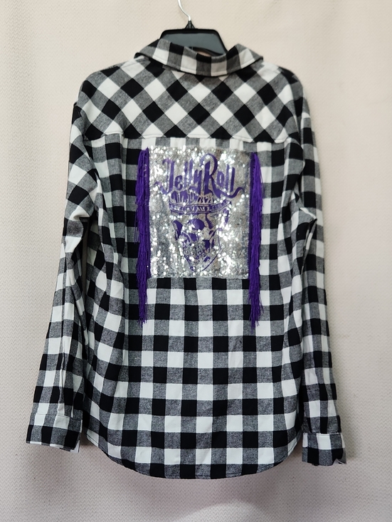 Tops - Womens Black & White Checkered Shirt with Purple Sequin Jelly Roll Patch